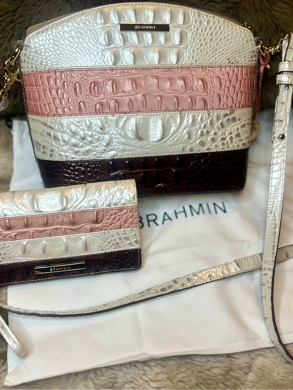 NWOT Brahmin Toasted Macaroon Cassini Mini Duxbury & Wallet Set (Retail $500)